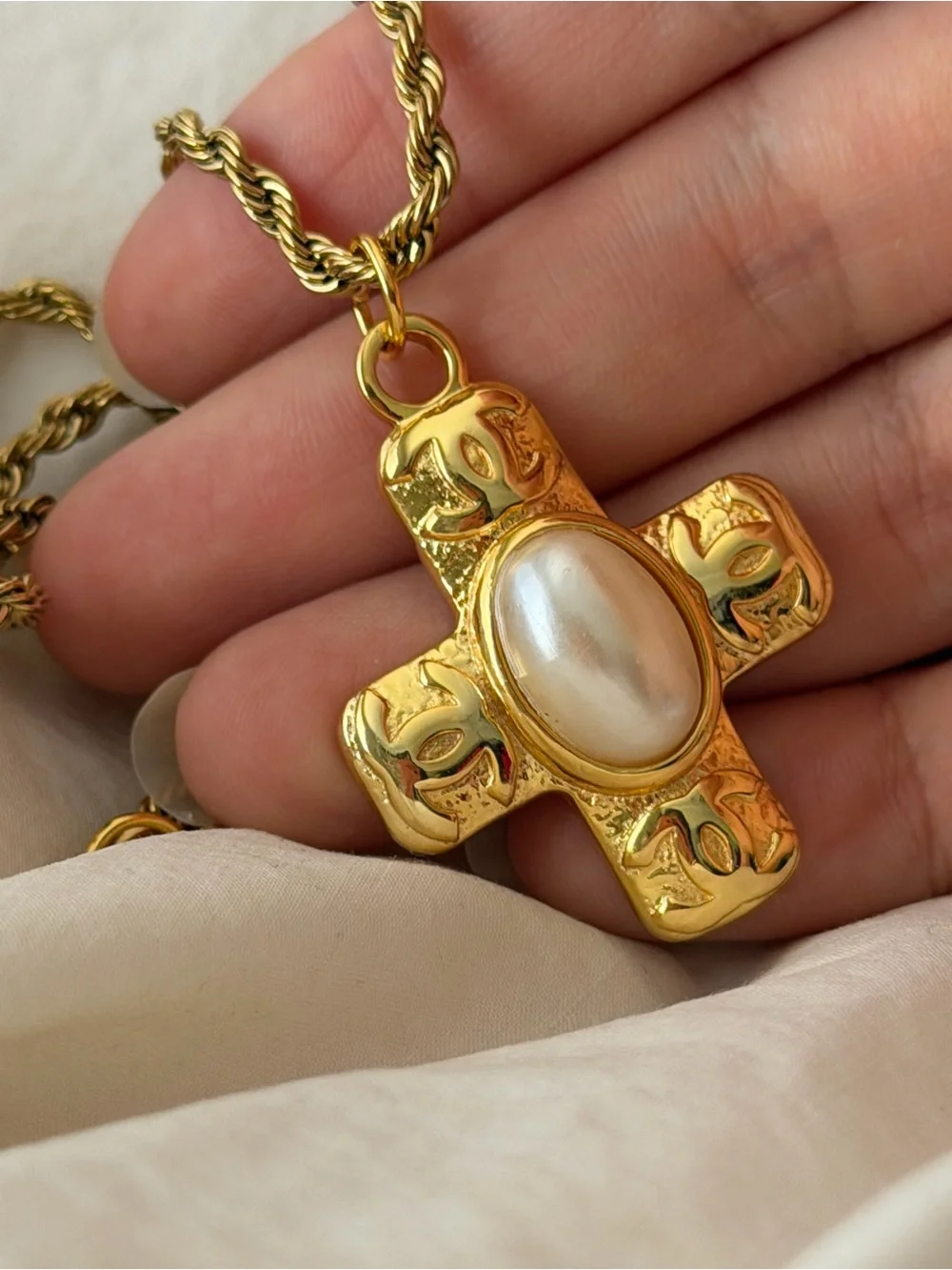 Gold Chanel Cross CC Pendant Necklace with Pearl Center